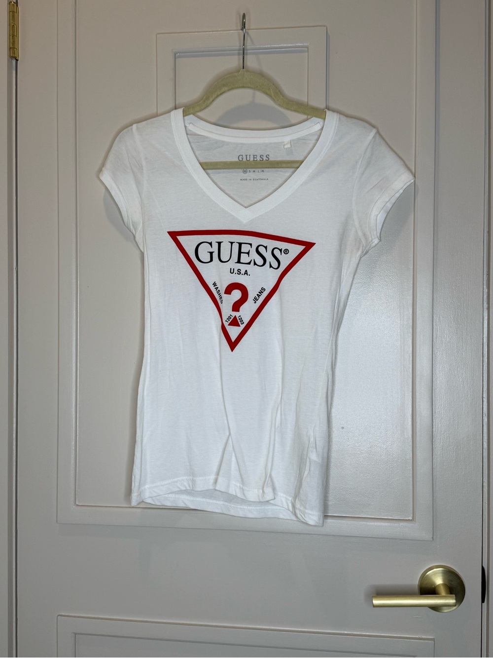 Guess White V-Neck Tee with Red Triangle Logo